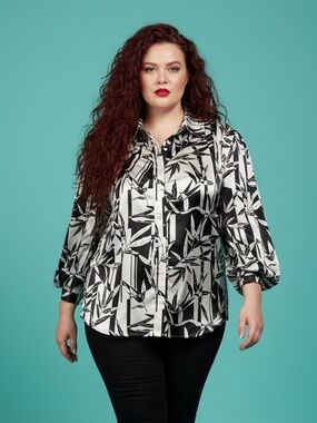 Equation Black White Patterned Silky Polyester Button Front Blouse Plus Size 2X